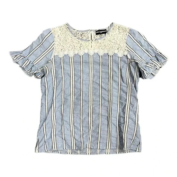 Karl Lagerfeld Blue Striped Lace Top Blouse L - Picture 1 of 4